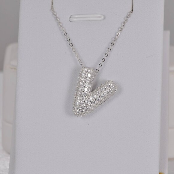 Certified all Moissanite Bubble "V" Initial Pendant 925 Sterling Silver - Picture 1 of 4